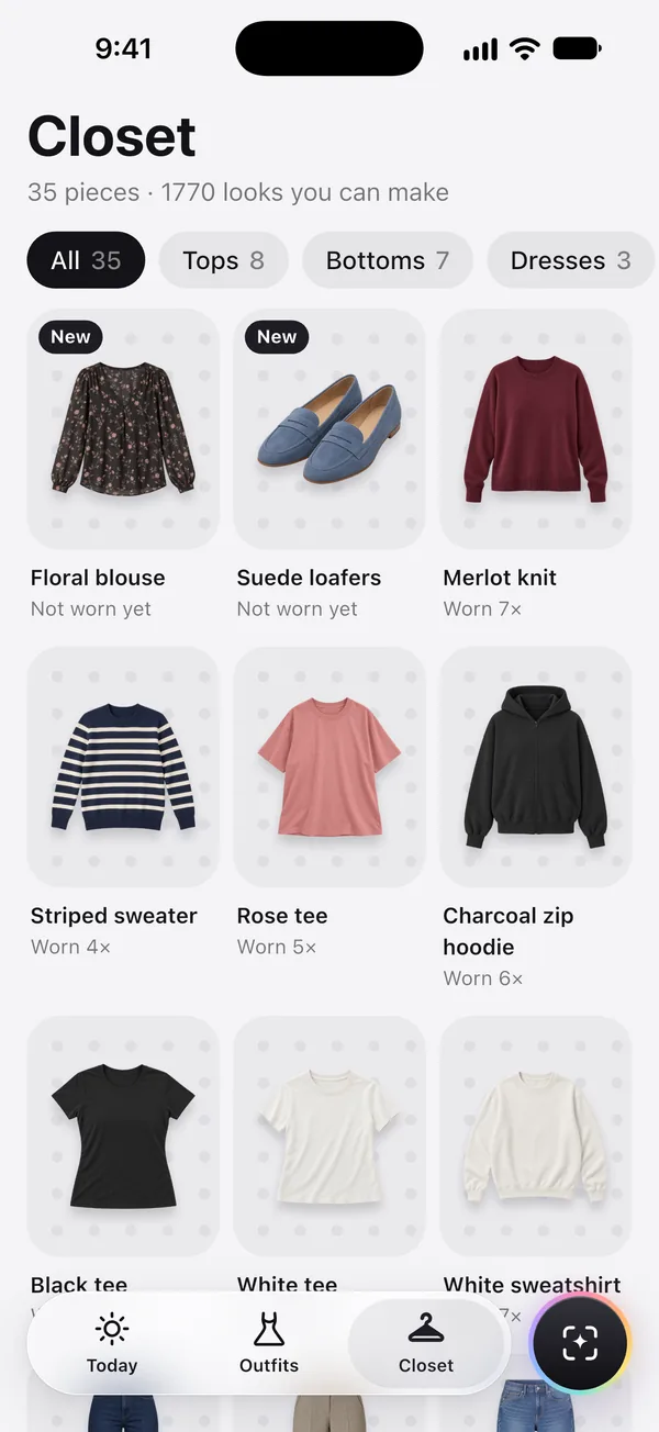 Wearbird's Closet: 35 pieces and 1770 looks you can make, with Tops, Bottoms and Dresses filters