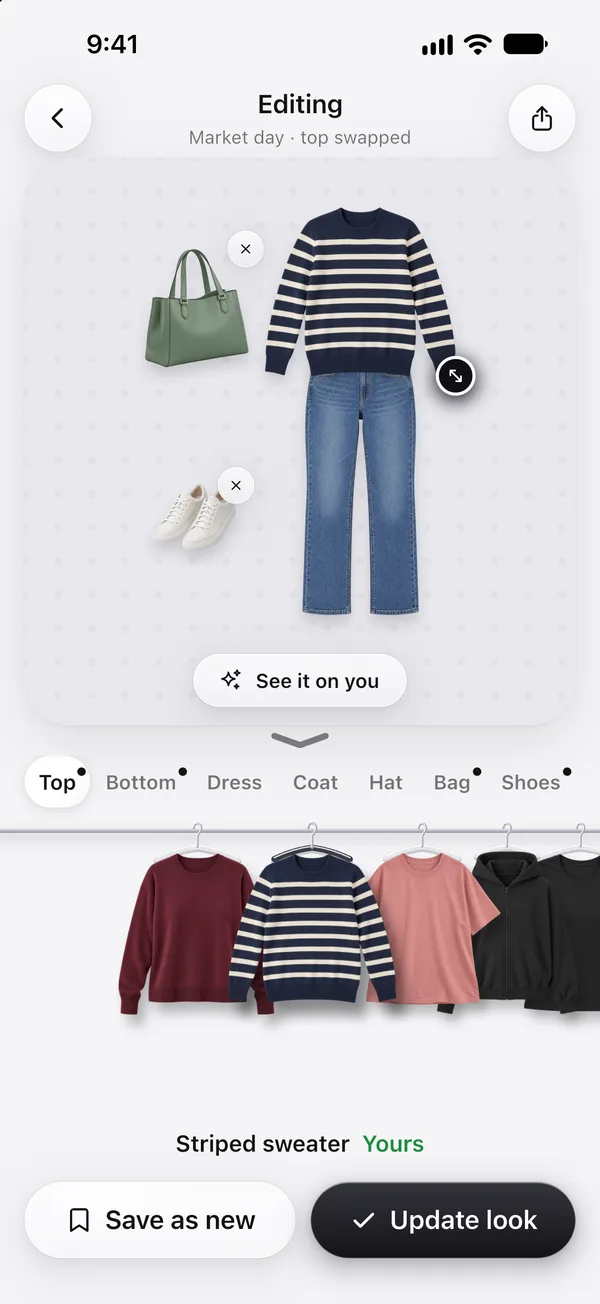 The fitting room: a look being edited on the board, with the clothes rail of tops below