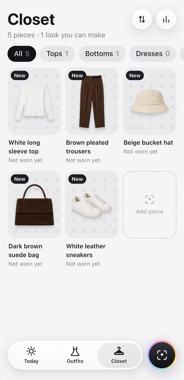 Wearbird's Closet with the five lifted pieces, all marked New