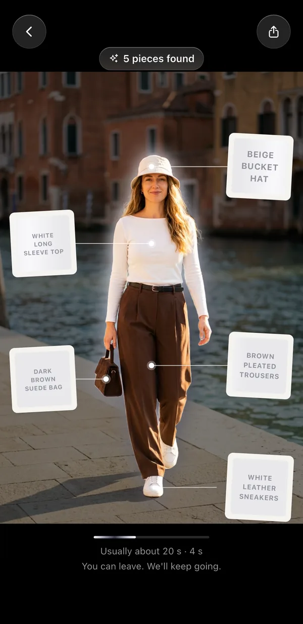 Wearbird showing 5 pieces found, each named and pinned on the photo: beige bucket hat, white long sleeve top, dark brown suede bag, brown pleated trousers, white leather sneakers