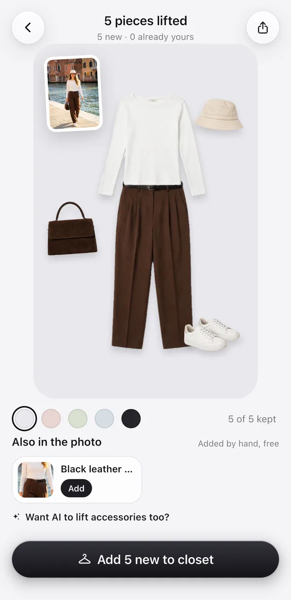 Five product shots lifted from the photo: the hat, the top, the bag, the trousers and the sneakers, with Add 5 new to closet