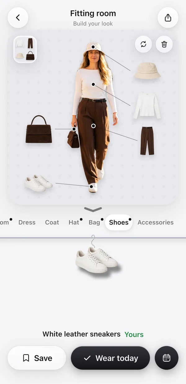 The free lookbook in Wearbird: the woman cut out in the middle, her hat, top, trousers, bag and sneakers around her with lines to where she wears them