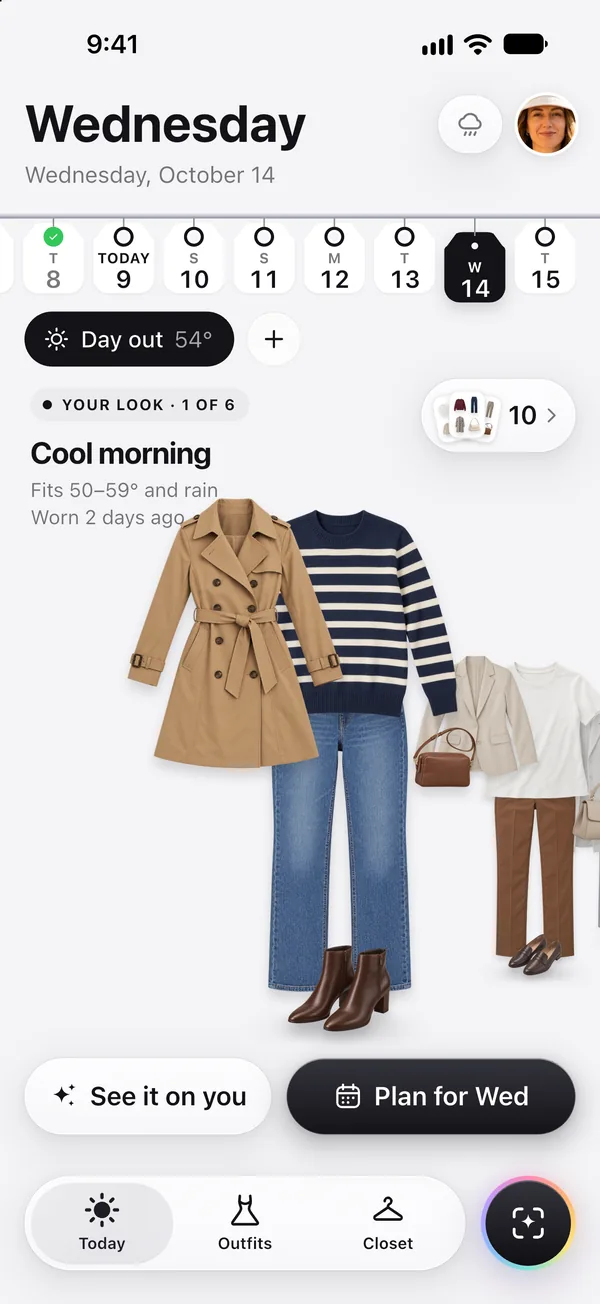 A rainy Wednesday in Wearbird: a day out at 54°, and a look with a trench coat that fits 50–59° and rain
