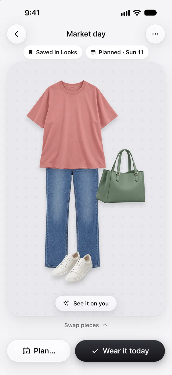 A saved look in Wearbird, planned for Sunday, with a See it on you button