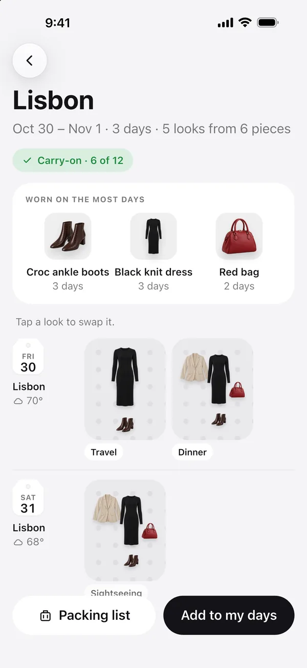 A Lisbon trip planned in Wearbird: 3 days, 5 looks from 6 pieces, a carry-on 6 of 12 full, and a look for each part of each day