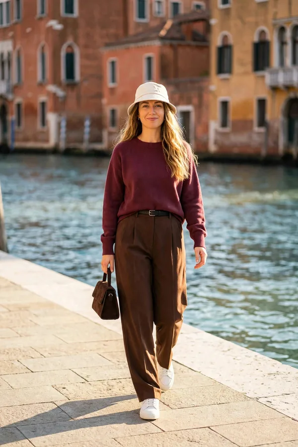 The AI picture at full size: the woman from the photo walking by the Venice canal in a burgundy sweater, brown trousers, beige bucket hat, brown bag and white sneakers