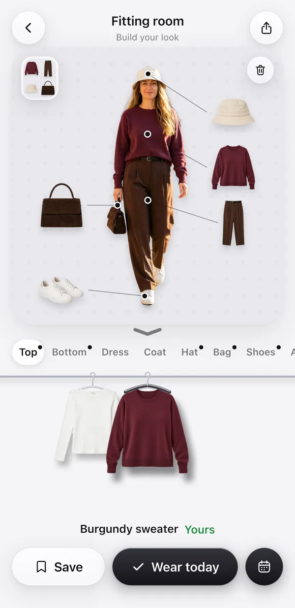 Create with AI result: the same woman wearing a burgundy sweater instead of her white top, with the rest of the outfit and the canal unchanged
